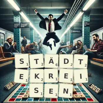 Kreative Illustration für ein Scrabble-Spiel, bei dem das Wort STÄDTEKREISEN mit Steinen auf dem Brett gelegt wurde.