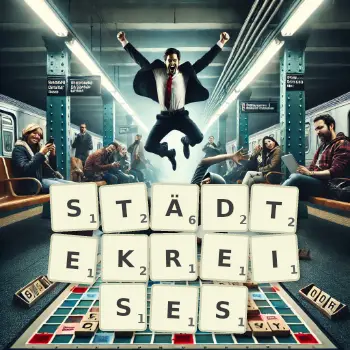 Kreative Illustration für ein Scrabble-Spiel, bei dem das Wort STÄDTEKREISES mit Steinen auf dem Brett gelegt wurde.