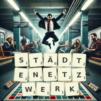 Kreative Illustration für ein Scrabble-Spiel, bei dem das Wort STÄDTENETZWERK mit Steinen auf dem Brett gelegt wurde.