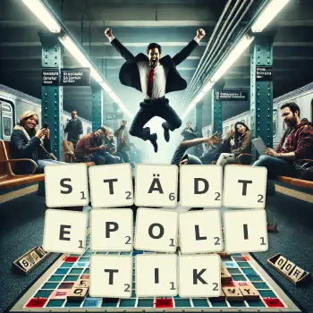 Kreative Illustration für ein Scrabble-Spiel, bei dem das Wort STÄDTEPOLITIK mit Steinen auf dem Brett gelegt wurde.
