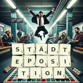 Kreative Illustration für ein Scrabble-Spiel, bei dem das Wort STÄDTEPOSITION mit Steinen auf dem Brett gelegt wurde.