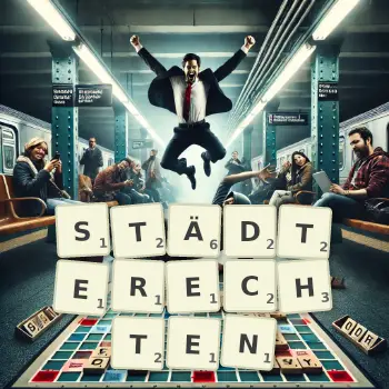 Kreative Illustration für ein Scrabble-Spiel, bei dem das Wort STÄDTERECHTEN mit Steinen auf dem Brett gelegt wurde.