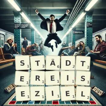 Kreative Illustration für ein Scrabble-Spiel, bei dem das Wort STÄDTEREISEZIEL mit Steinen auf dem Brett gelegt wurde.