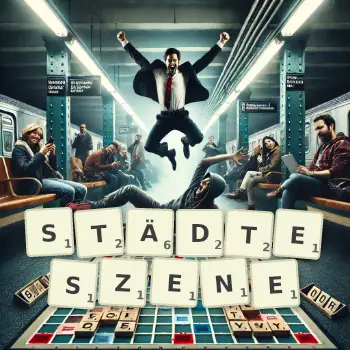 Kreative Illustration für ein Scrabble-Spiel, bei dem das Wort STÄDTESZENE mit Steinen auf dem Brett gelegt wurde.