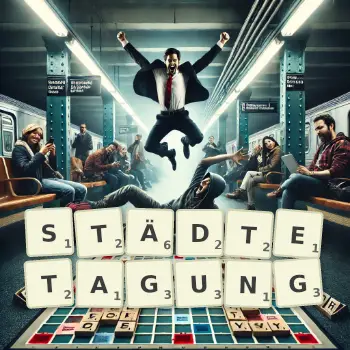 Kreative Illustration für ein Scrabble-Spiel, bei dem das Wort STÄDTETAGUNG mit Steinen auf dem Brett gelegt wurde.