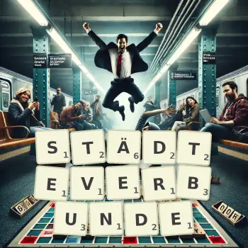 Kreative Illustration für ein Scrabble-Spiel, bei dem das Wort STÄDTEVERBUNDE mit Steinen auf dem Brett gelegt wurde.