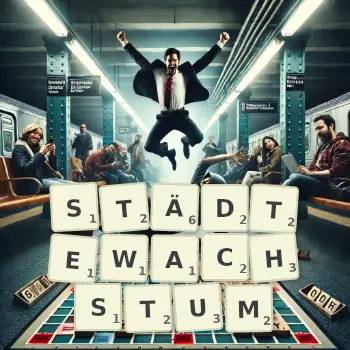 Kreative Illustration für ein Scrabble-Spiel, bei dem das Wort STÄDTEWACHSTUM mit Steinen auf dem Brett gelegt wurde.