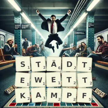 Kreative Illustration für ein Scrabble-Spiel, bei dem das Wort STÄDTEWETTKAMPF mit Steinen auf dem Brett gelegt wurde.
