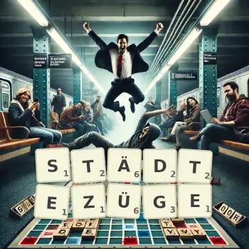 Kreative Illustration für ein Scrabble-Spiel, bei dem das Wort STÄDTEZÜGE mit Steinen auf dem Brett gelegt wurde.
