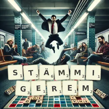 Kreative Illustration für ein Scrabble-Spiel, bei dem das Wort STÄMMIGEREM mit Steinen auf dem Brett gelegt wurde.