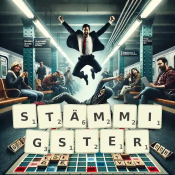 Kreative Illustration für ein Scrabble-Spiel, bei dem das Wort STÄMMIGSTER mit Steinen auf dem Brett gelegt wurde.