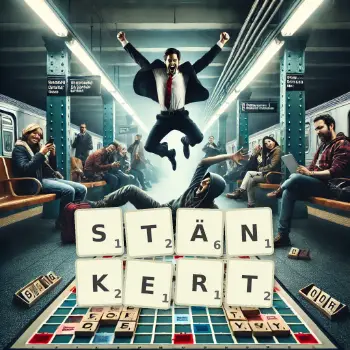 Kreative Illustration für ein Scrabble-Spiel, bei dem das Wort STÄNKERT mit Steinen auf dem Brett gelegt wurde.