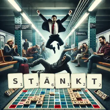 Kreative Illustration für ein Scrabble-Spiel, bei dem das Wort STÄNKT mit Steinen auf dem Brett gelegt wurde.