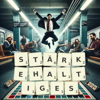 Kreative Illustration für ein Scrabble-Spiel, bei dem das Wort STÄRKEHALTIGES mit Steinen auf dem Brett gelegt wurde.
