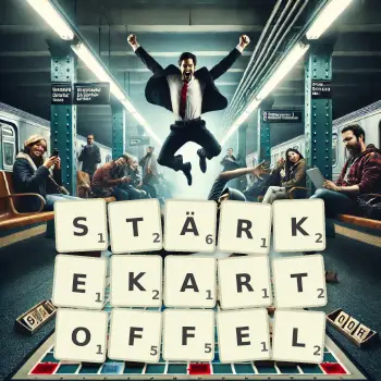 Kreative Illustration für ein Scrabble-Spiel, bei dem das Wort STÄRKEKARTOFFEL mit Steinen auf dem Brett gelegt wurde.