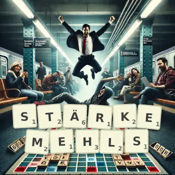 Kreative Illustration für ein Scrabble-Spiel, bei dem das Wort STÄRKEMEHLS mit Steinen auf dem Brett gelegt wurde.
