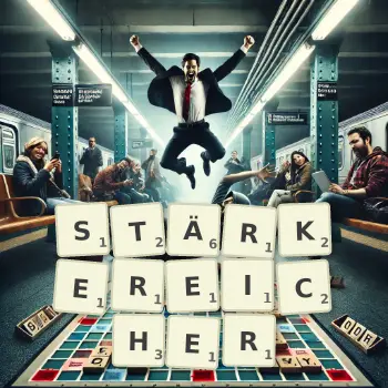 Kreative Illustration für ein Scrabble-Spiel, bei dem das Wort STÄRKEREICHER mit Steinen auf dem Brett gelegt wurde.