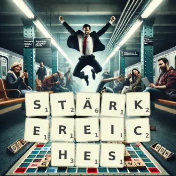 Kreative Illustration für ein Scrabble-Spiel, bei dem das Wort STÄRKEREICHES mit Steinen auf dem Brett gelegt wurde.