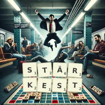 Kreative Illustration für ein Scrabble-Spiel, bei dem das Wort STÄRKEST mit Steinen auf dem Brett gelegt wurde.