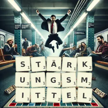 Kreative Illustration für ein Scrabble-Spiel, bei dem das Wort STÄRKUNGSMITTEL mit Steinen auf dem Brett gelegt wurde.