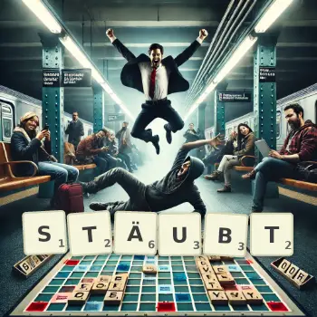 Kreative Illustration für ein Scrabble-Spiel, bei dem das Wort STÄUBT mit Steinen auf dem Brett gelegt wurde.