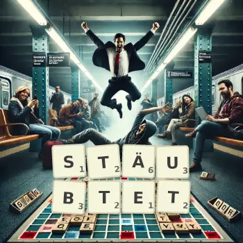 Kreative Illustration für ein Scrabble-Spiel, bei dem das Wort STÄUBTET mit Steinen auf dem Brett gelegt wurde.