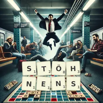 Kreative Illustration für ein Scrabble-Spiel, bei dem das Wort STÖHNENS mit Steinen auf dem Brett gelegt wurde.
