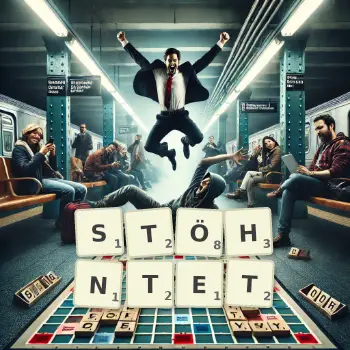 Kreative Illustration für ein Scrabble-Spiel, bei dem das Wort STÖHNTET mit Steinen auf dem Brett gelegt wurde.