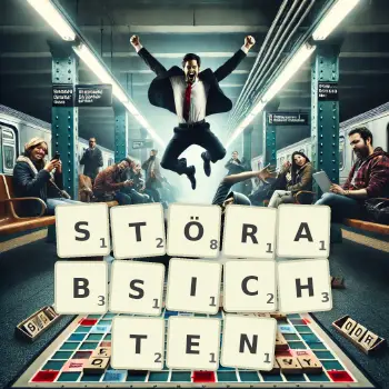 Kreative Illustration für ein Scrabble-Spiel, bei dem das Wort STÖRABSICHTEN mit Steinen auf dem Brett gelegt wurde.
