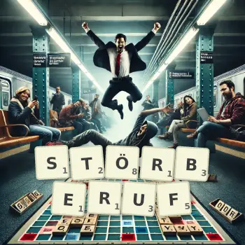 Kreative Illustration für ein Scrabble-Spiel, bei dem das Wort STÖRBERUF mit Steinen auf dem Brett gelegt wurde.