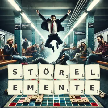 Kreative Illustration für ein Scrabble-Spiel, bei dem das Wort STÖRELEMENTE mit Steinen auf dem Brett gelegt wurde.