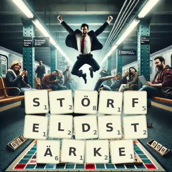 Kreative Illustration für ein Scrabble-Spiel, bei dem das Wort STÖRFELDSTÄRKE mit Steinen auf dem Brett gelegt wurde.