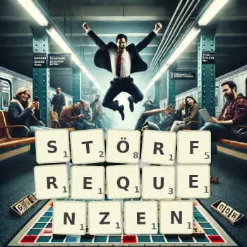 Kreative Illustration für ein Scrabble-Spiel, bei dem das Wort STÖRFREQUENZEN mit Steinen auf dem Brett gelegt wurde.