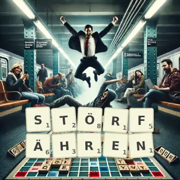Kreative Illustration für ein Scrabble-Spiel, bei dem das Wort STÖRFÄHREN mit Steinen auf dem Brett gelegt wurde.