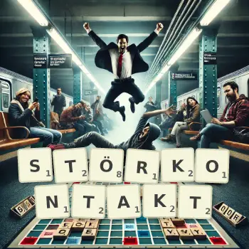 Kreative Illustration für ein Scrabble-Spiel, bei dem das Wort STÖRKONTAKT mit Steinen auf dem Brett gelegt wurde.