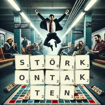 Kreative Illustration für ein Scrabble-Spiel, bei dem das Wort STÖRKONTAKTEN mit Steinen auf dem Brett gelegt wurde.
