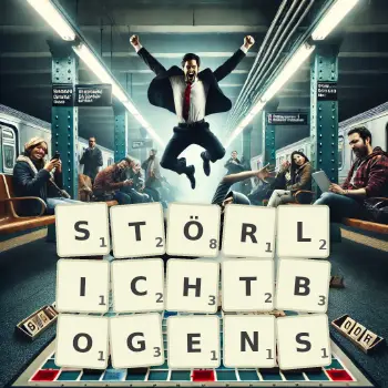 Kreative Illustration für ein Scrabble-Spiel, bei dem das Wort STÖRLICHTBOGENS mit Steinen auf dem Brett gelegt wurde.