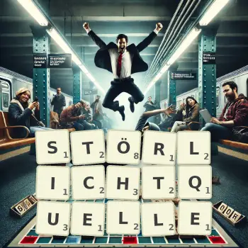 Kreative Illustration für ein Scrabble-Spiel, bei dem das Wort STÖRLICHTQUELLE mit Steinen auf dem Brett gelegt wurde.