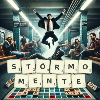 Kreative Illustration für ein Scrabble-Spiel, bei dem das Wort STÖRMOMENTE mit Steinen auf dem Brett gelegt wurde.