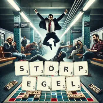 Kreative Illustration für ein Scrabble-Spiel, bei dem das Wort STÖRPEGEL mit Steinen auf dem Brett gelegt wurde.