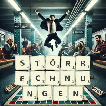 Kreative Illustration für ein Scrabble-Spiel, bei dem das Wort STÖRRECHNUNGEN mit Steinen auf dem Brett gelegt wurde.