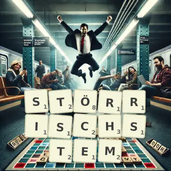 Kreative Illustration für ein Scrabble-Spiel, bei dem das Wort STÖRRISCHSTEM mit Steinen auf dem Brett gelegt wurde.