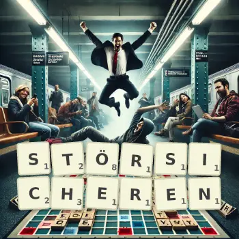 Kreative Illustration für ein Scrabble-Spiel, bei dem das Wort STÖRSICHEREN mit Steinen auf dem Brett gelegt wurde.