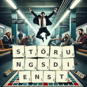 Kreative Illustration für ein Scrabble-Spiel, bei dem das Wort STÖRUNGSDIENST mit Steinen auf dem Brett gelegt wurde.