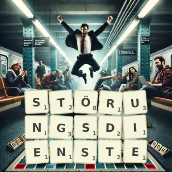 Kreative Illustration für ein Scrabble-Spiel, bei dem das Wort STÖRUNGSDIENSTE mit Steinen auf dem Brett gelegt wurde.