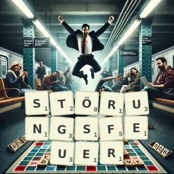 Kreative Illustration für ein Scrabble-Spiel, bei dem das Wort STÖRUNGSFEUER mit Steinen auf dem Brett gelegt wurde.