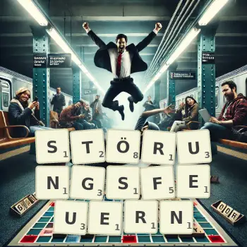 Kreative Illustration für ein Scrabble-Spiel, bei dem das Wort STÖRUNGSFEUERN mit Steinen auf dem Brett gelegt wurde.