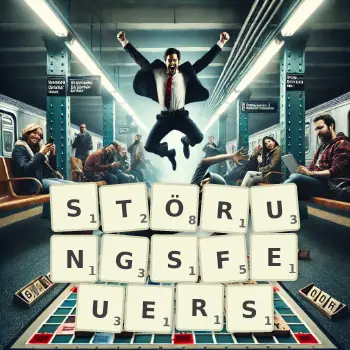 Kreative Illustration für ein Scrabble-Spiel, bei dem das Wort STÖRUNGSFEUERS mit Steinen auf dem Brett gelegt wurde.