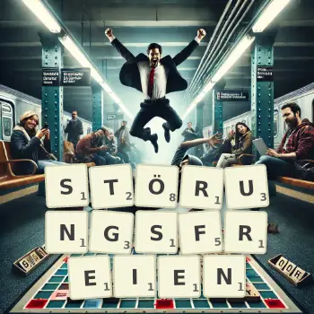 Kreative Illustration für ein Scrabble-Spiel, bei dem das Wort STÖRUNGSFREIEN mit Steinen auf dem Brett gelegt wurde.
