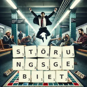 Kreative Illustration für ein Scrabble-Spiel, bei dem das Wort STÖRUNGSGEBIET mit Steinen auf dem Brett gelegt wurde.
